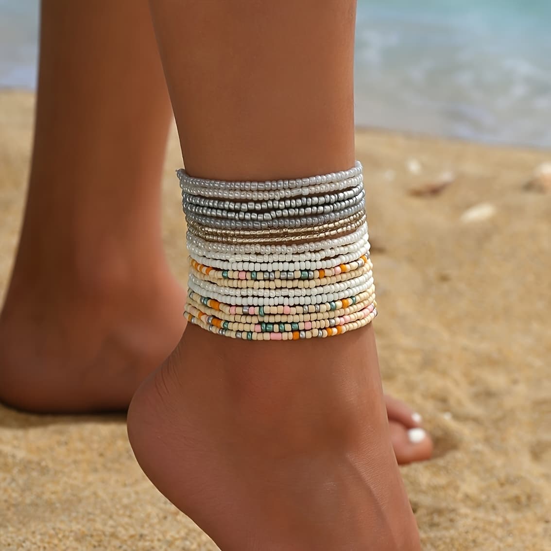 TEMU 18pcs Bohemian Style Glass Bead Anklet Set, Minimalist Casual Fashion Colorful Beaded Ankle Bracelets For Parties And Beach Festivals