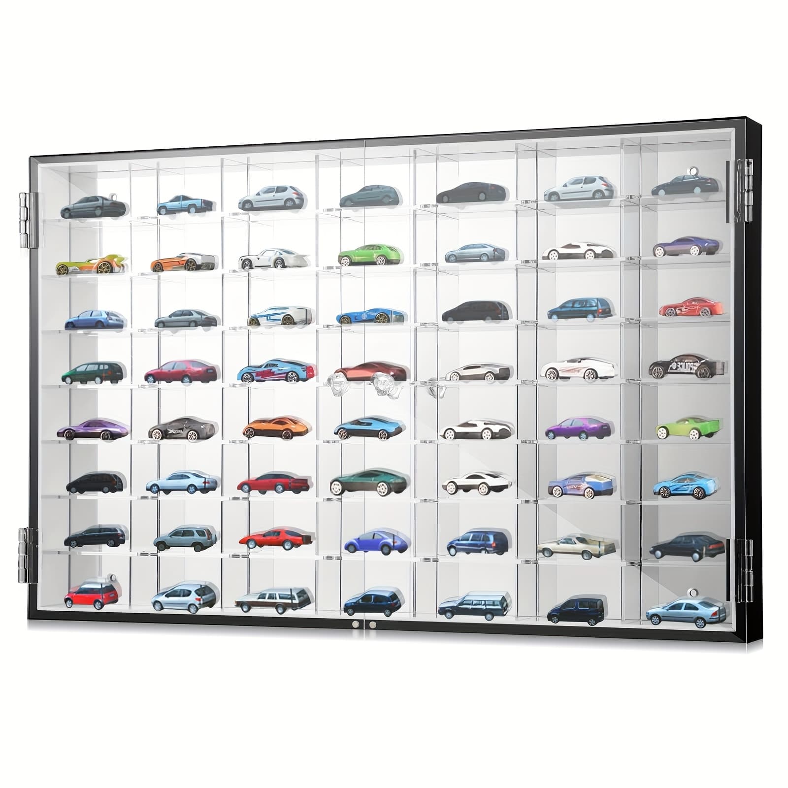 TEMU 1/64 Die Cast Acrylic Display Cabinet Car Wall Mounted Model Display Transparent Wheel Storage Cabinet Frame Suitable For 56 Slots, 2 Doors, 23.5 X 15 X 2 Inches