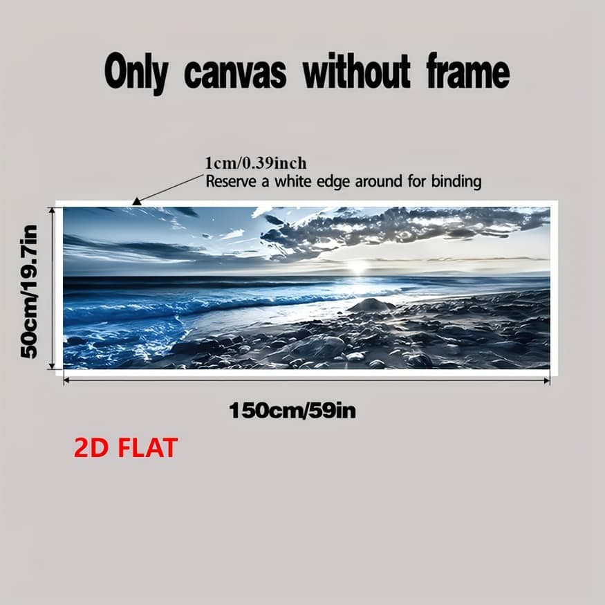 TEMU 2d Flat, 1pc Modern Coastal Frameless Canvas Art Print, Ink Beach Scene With Sky And Sun, Landscape Wall Decor For Living Room And Bedroom, Indoor Orientation, 50 X 150 Cm/ 20 X 60 Inches