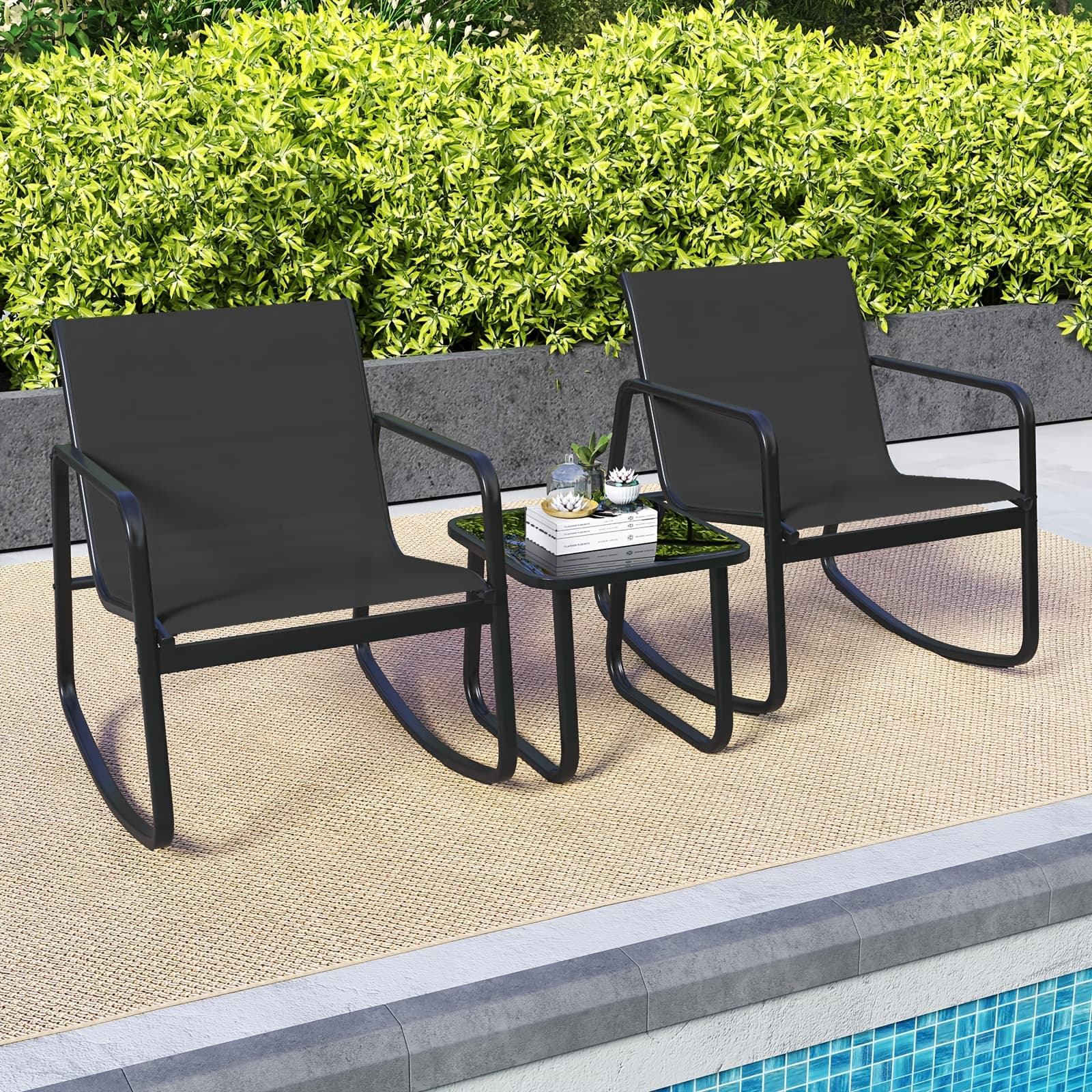 TEMU 3pcs Patio Rocking Set 2 Rocking Bistro Chairs & Glass-top Table For Porch