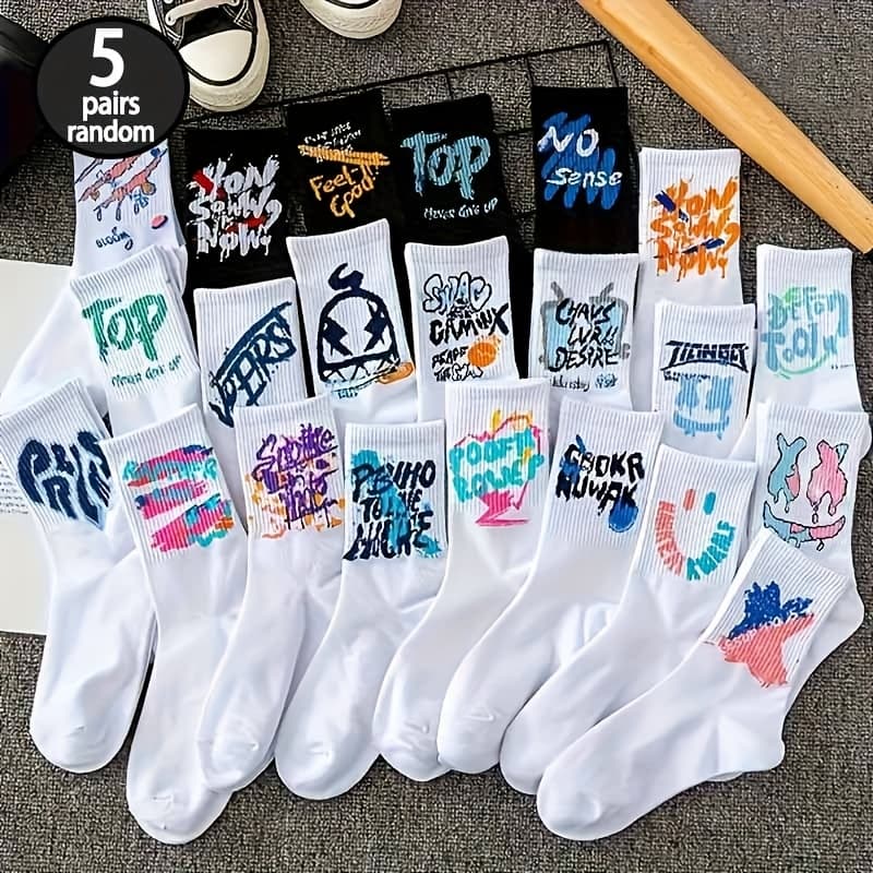 TEMU Autumn Winter Black White Letter Graffiti Trendy Versatile Long Socks Random 5 Pairs