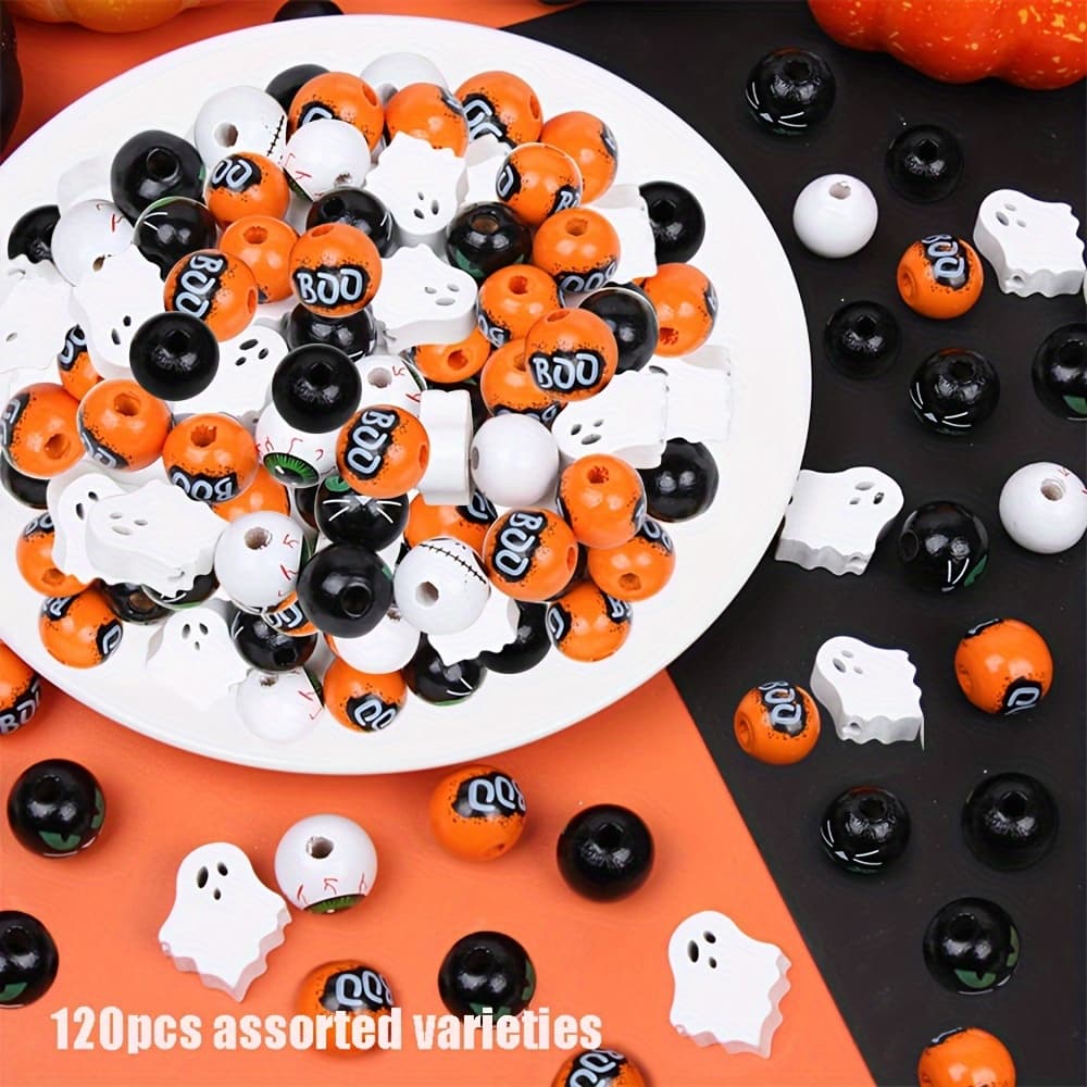TEMU 120pcs Random Style Halloween Wood Beads Boo Wood Beads Eye Ball Beads Diy Bead Charms Bracelet Necklace Making Accessories