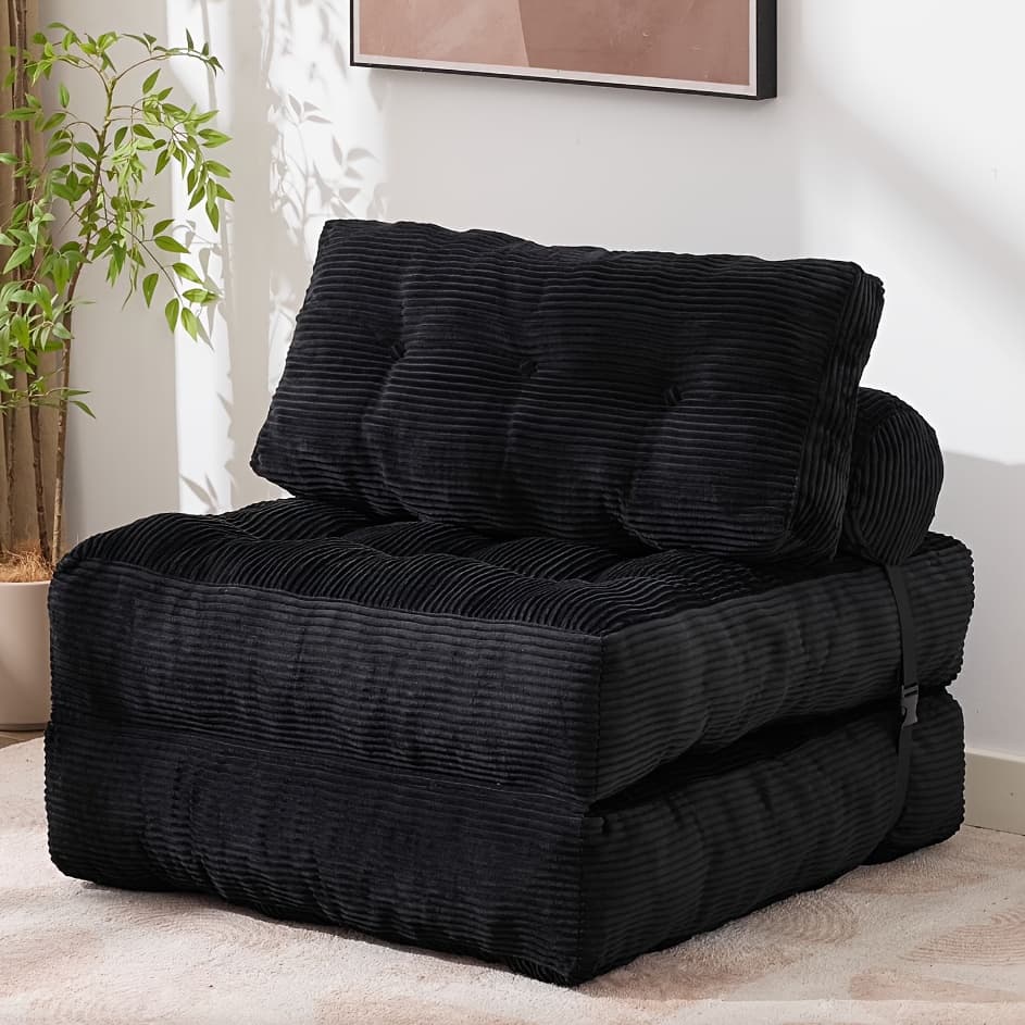 TEMU Single Black Teddy Velvet Folding Sofa Bed - Convertible Sleeper Chair With Foam Mattress & Back Support, Foldable Bed/couch Suitable For Small Spaces, Guest Rooms, Dorms, Apartments