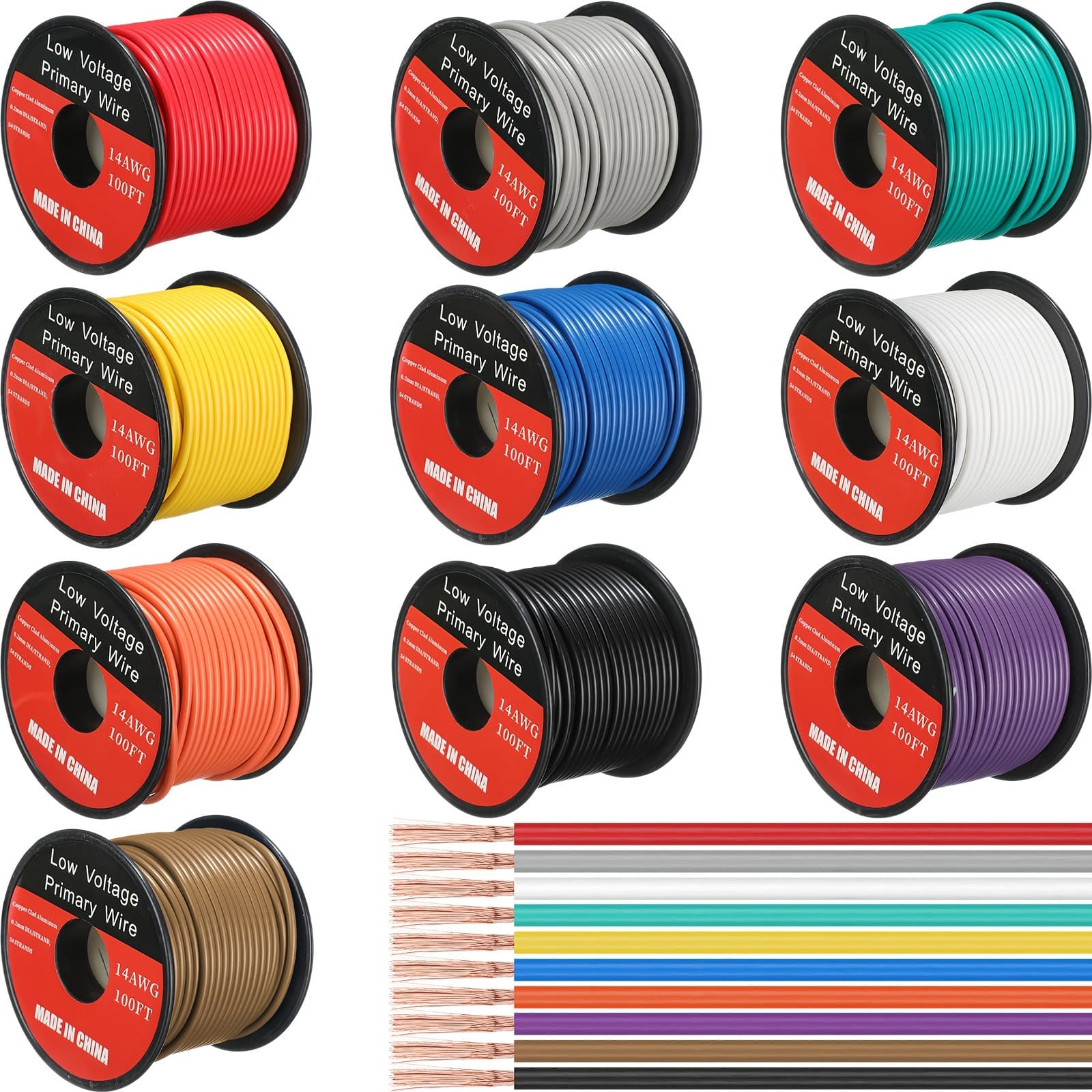 TEMU 10pcs Wire 100ft Per Roll (1000ft Total) Automotive Wire Spools Copper Clad Aluminum Wire For Harness Car Audio Video Wiring (10 Color Combo, 14 Gauge)