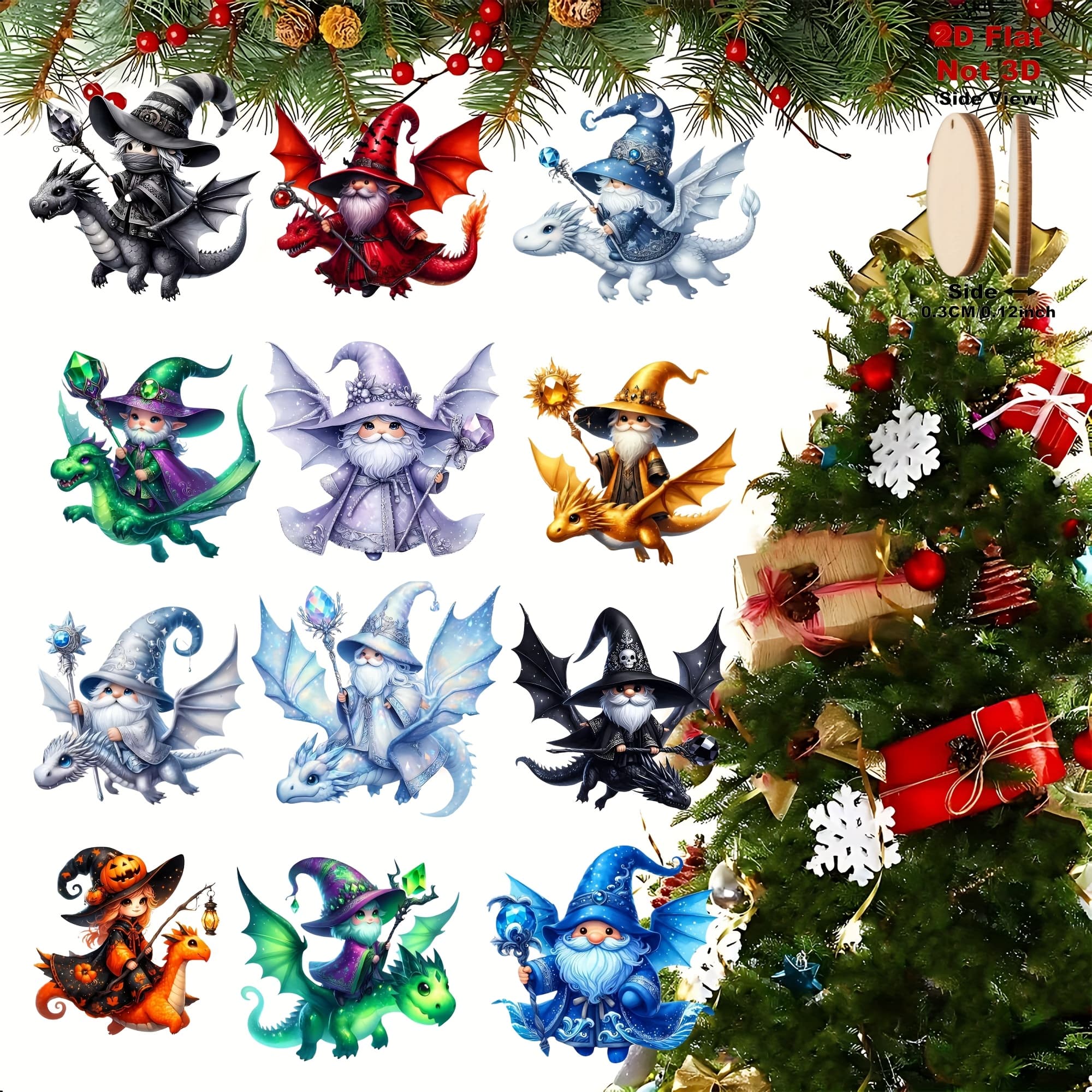 TEMU 2d Flat, 2d Flat, Set Of 12 Flat 2d Wooden Decorative Pieces Featuring A Creative Dwarves And Dragon Theme, Perfect For Christmas, Halloween, Thanksgiving, And New Year's Celebrations