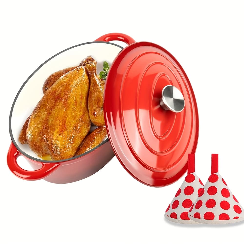 TEMU 4.5 Quart Enamel Cast Iron Dutch Oven With Lid-500°f Safety Heavy Pot, 2 Heat-resistant Triangular Lids For Baking Bread And From Stove To Oven-suitable For , Baking Bread, , And Baking.