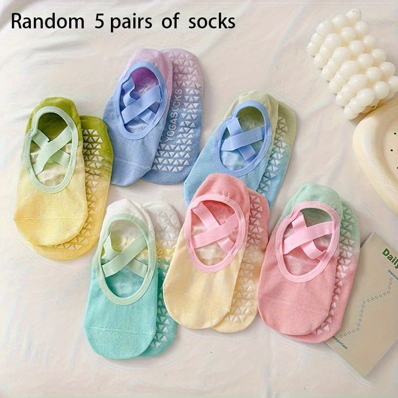 TEMU Random 5 Pairs Women's Cross-strap Anti-slip Yoga Socks, Multicolor Invisible Boat Socks - Ballet Style Shallow Mouth Non-slip Socks Suitable For Yoga/pilates/ Training