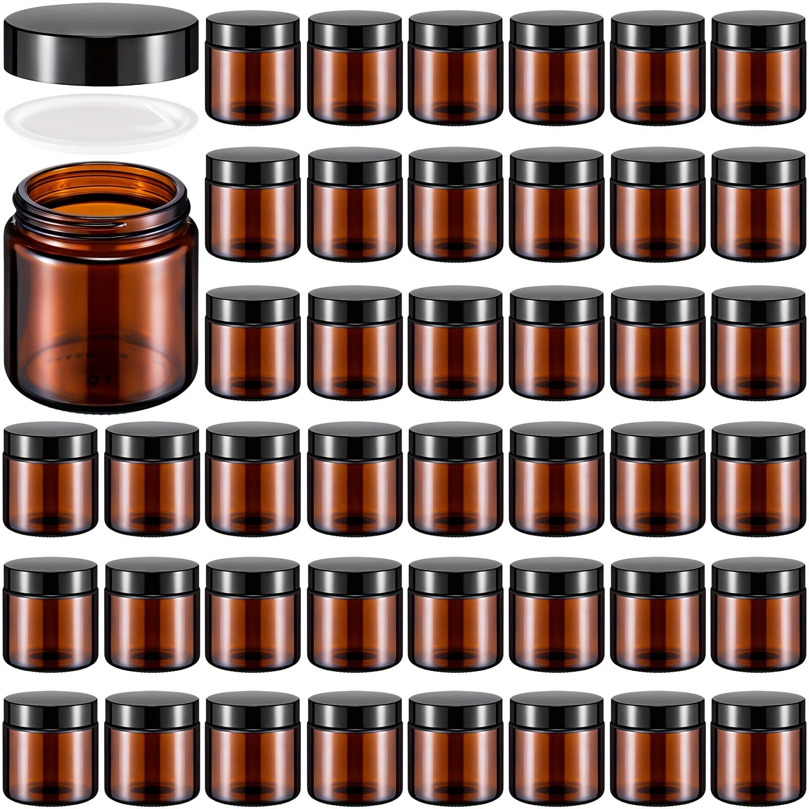 TEMU 48pcs 4oz Glass Jars With Lids Leakproof Round Airtight Empty Cosmetic Jars With Inner Liners Lid For Storing Lotions Powder Ointments Candle Making (black, Amber)
