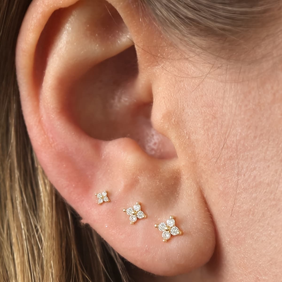 TEMU 3pcs Set Of Mini Ear Studs With Stainless Steel Inlaid Synthetic Zirconia Design, Elegant And Cute, Suitable For Occasions, ,, And Attending Parties