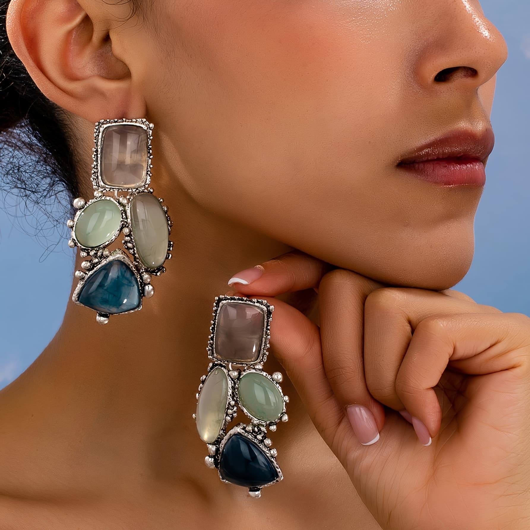 TEMU A Pair Of Bohemian Style Fashionable Multicolor Irregular Geometric Square Oval Drop Earrings, Exquisite Jewelry For Daily Wear And Gift