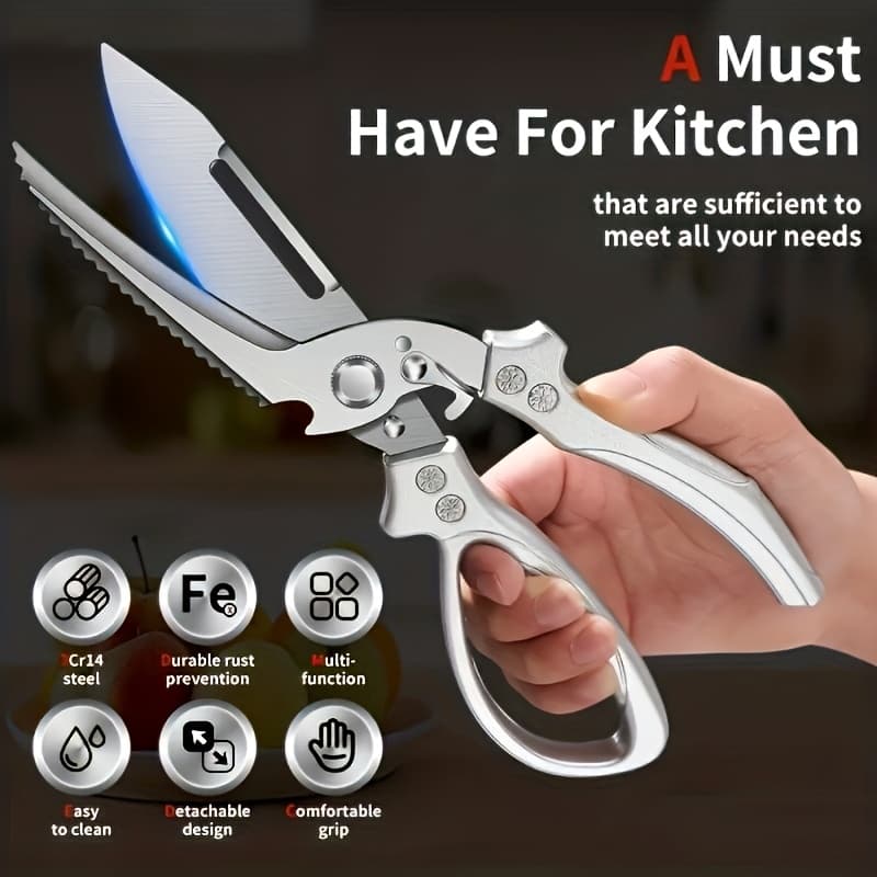 TEMU 1pc 3cr Stainless Steel Cooking Scissors, Automatic Strong Chicken Bone Scissors, Smooth And Labor-saving Handle, For Home Kitchens, Multi-functional Fruits And Vegetables, Seat Belt Lock