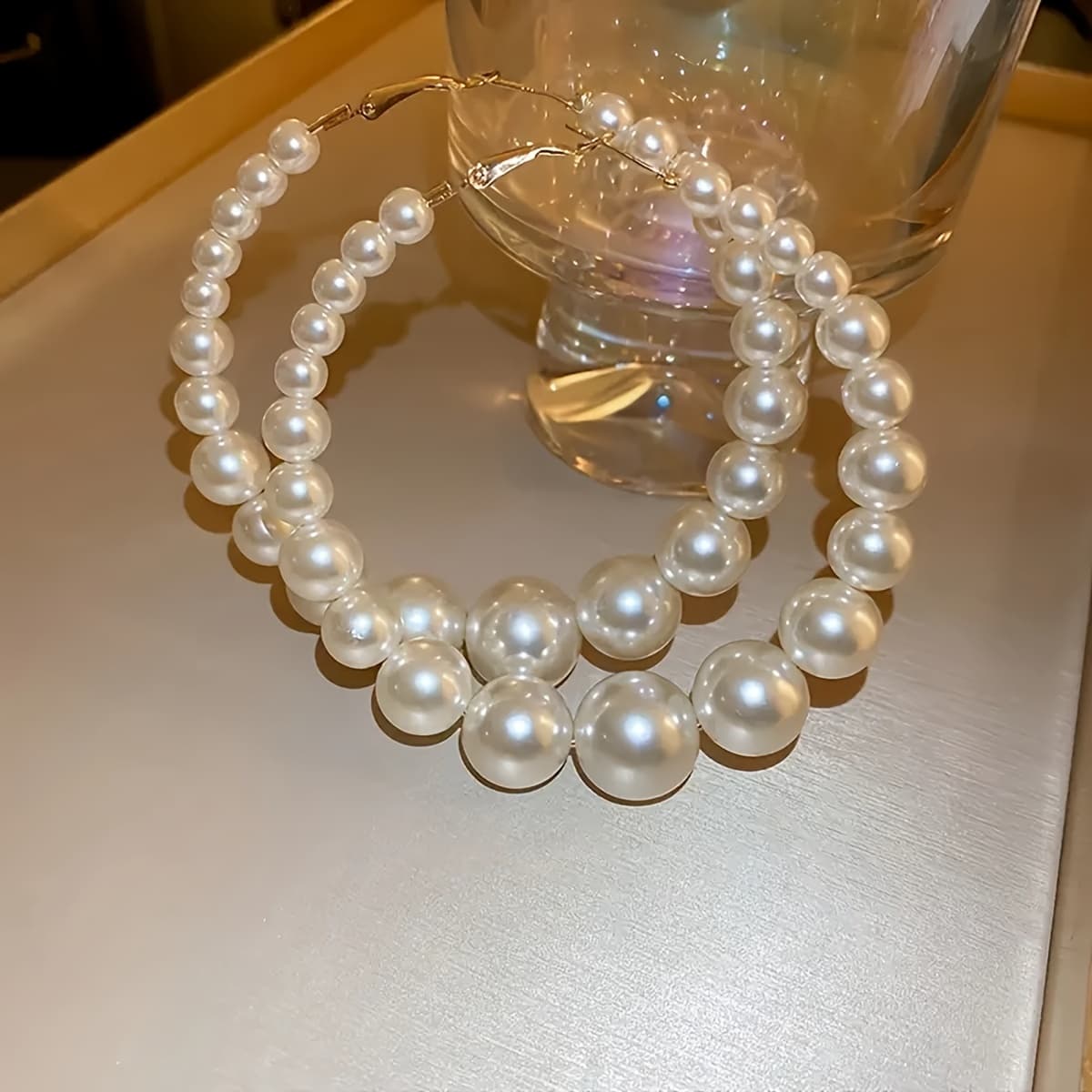TEMU 1 Pair Of French Temperament Elegant Acrylic Round Beaded Hoop Earrings, Ladies Daily Holiday Earrings