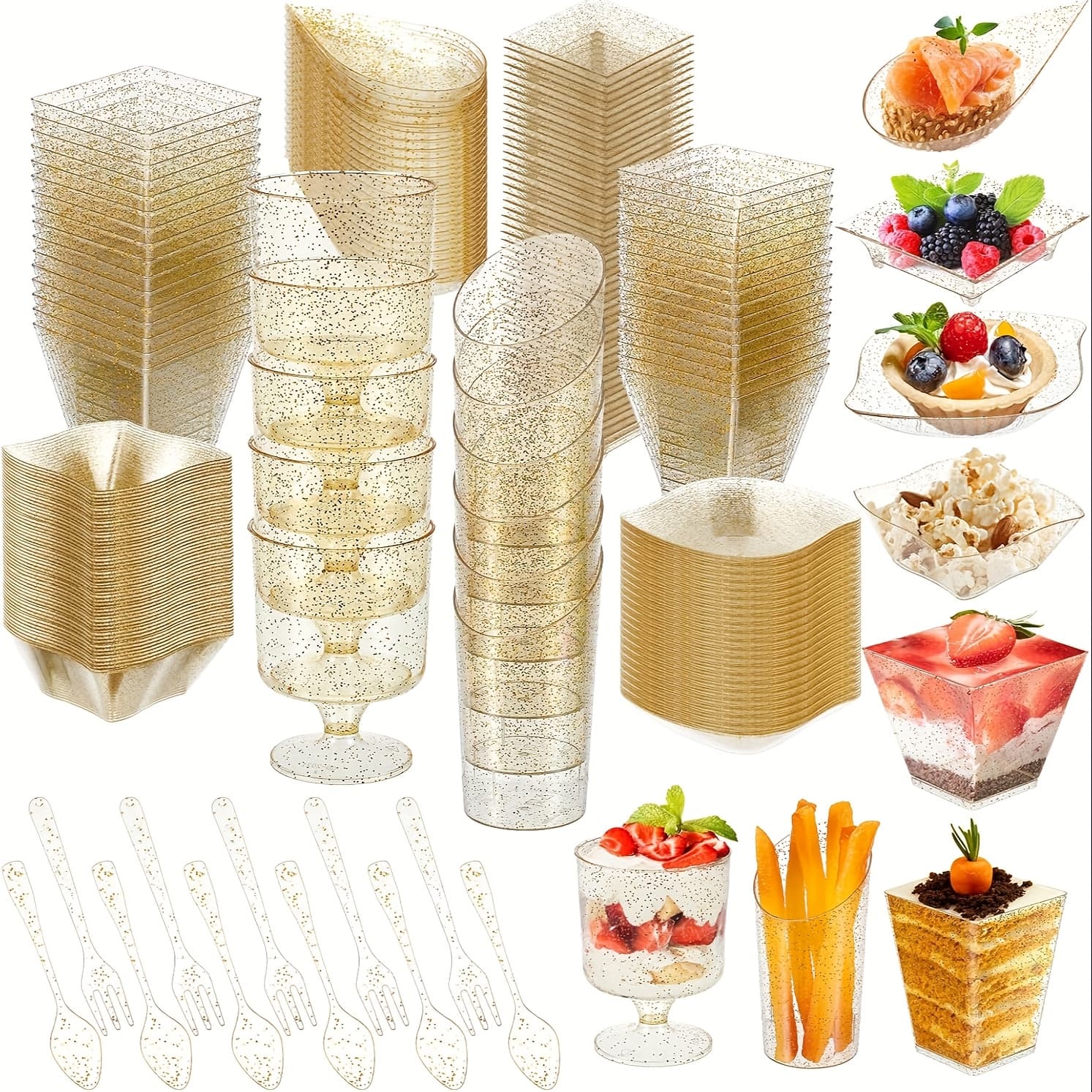 TEMU 160pcs Mini Appetizer Plates Dessert Cups Spoons Forks Set Dessert Containers Assorted Shape Plastic Parfait Cups Disposable Spoon Forks For Party Serving (golden)