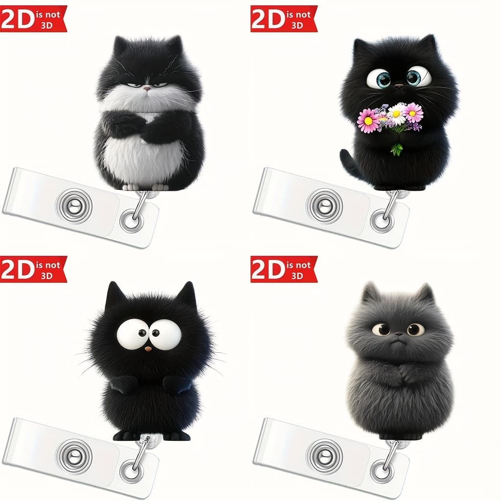 TEMU 2d 4 - Piece Cartoon Black Cat Retractable Badge Clips, Office Document/student Badge/cute Decoration, 2d Cute Cat - Shaped Clips