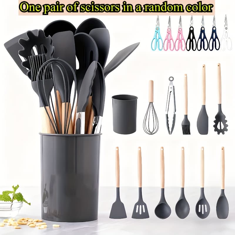 TEMU 13pcs, Silicone Kitchen Utensil Set With Wooden Handles-safe And Easy To Clean-perfect For Cooking And Baking-ideal For Back To School And Dorm Essentials