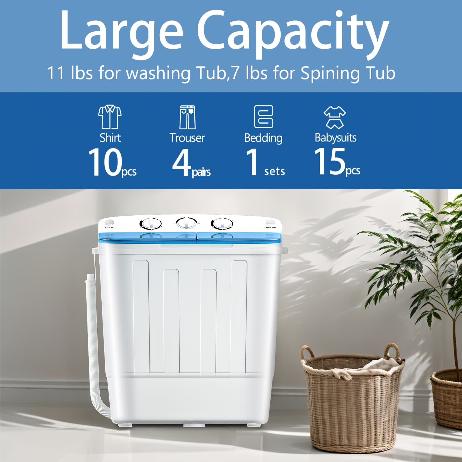 TEMU 18lbs Twin Tub Washing Machine With Drying Rack, 11lbs Washer Mini Compact Laundry Machine And 7lbs Spinner, 1300rpm, Convenient And For Dorms, Apartment