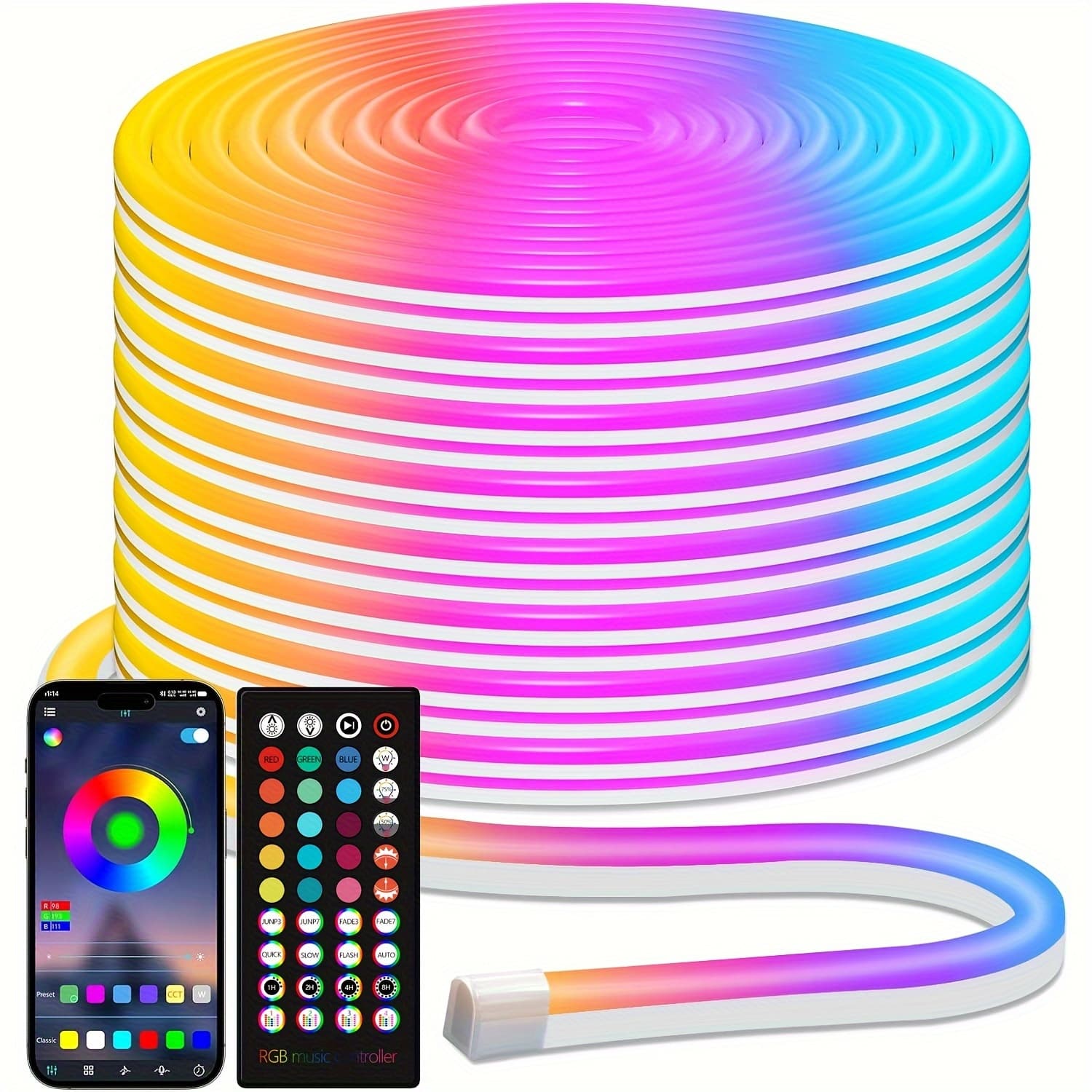 TEMU Led Neon Rope Lights, Rgb Led Strip Lights, Control With App/remote, Ip65 Waterproof Flexible Outdoor Led Rope Lights, Multiple , Music Strip Lights For Bedroom Indoor