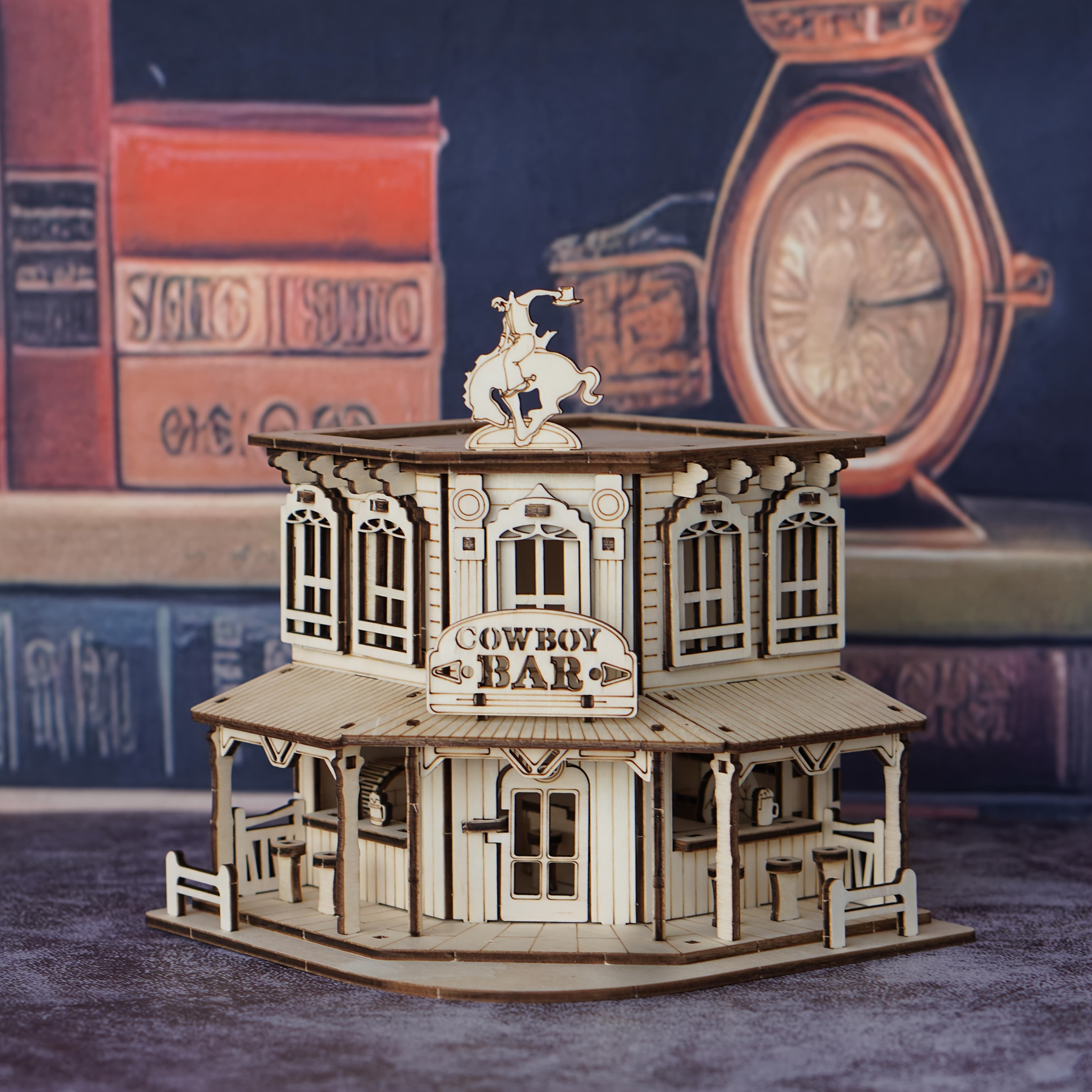 TEMU 3d Wooden Puzzle Toy - Western Cowboy Bar Building Model, Rustic Wooden Assembly Bar Puzzle Model, Perfect Gift For