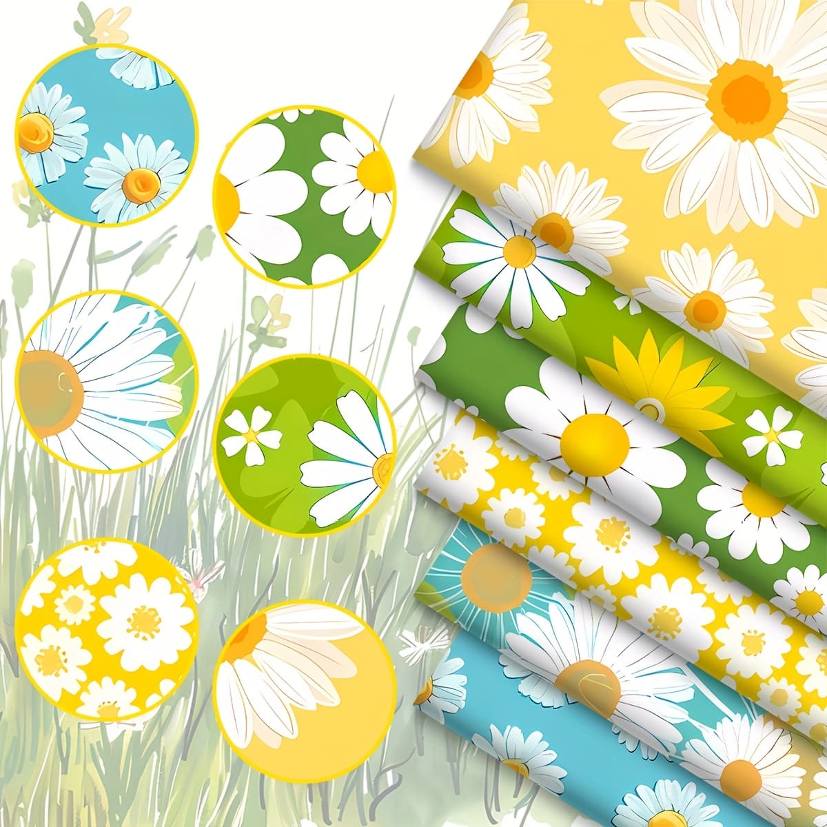 TEMU 6pcs Daisy-themed Pre-cut Fabric Squares For Diy Crafts, 120gms - Vibrant Mixed Colors, Ideal For Pillows, Quilts, Clothing & Gift Wrapping, 17.7x19.7 Inches