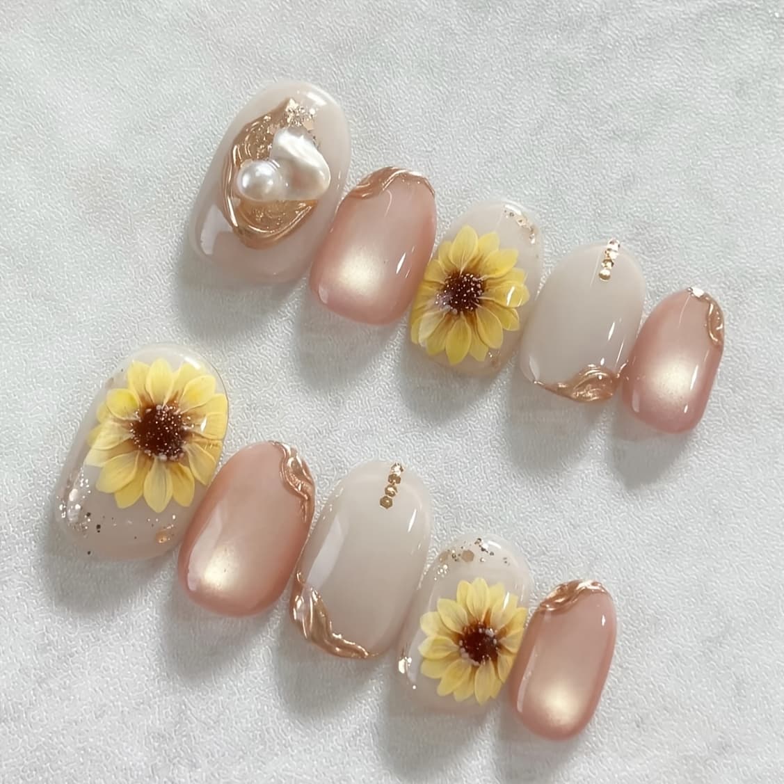 TEMU 10pcs Handmade Almond Shaped Press-on Nails With Blush & Glitter - / Sunflower & Cat- Designs, Medium Length Suitable For, Wedding,, Daily Wear - Nail