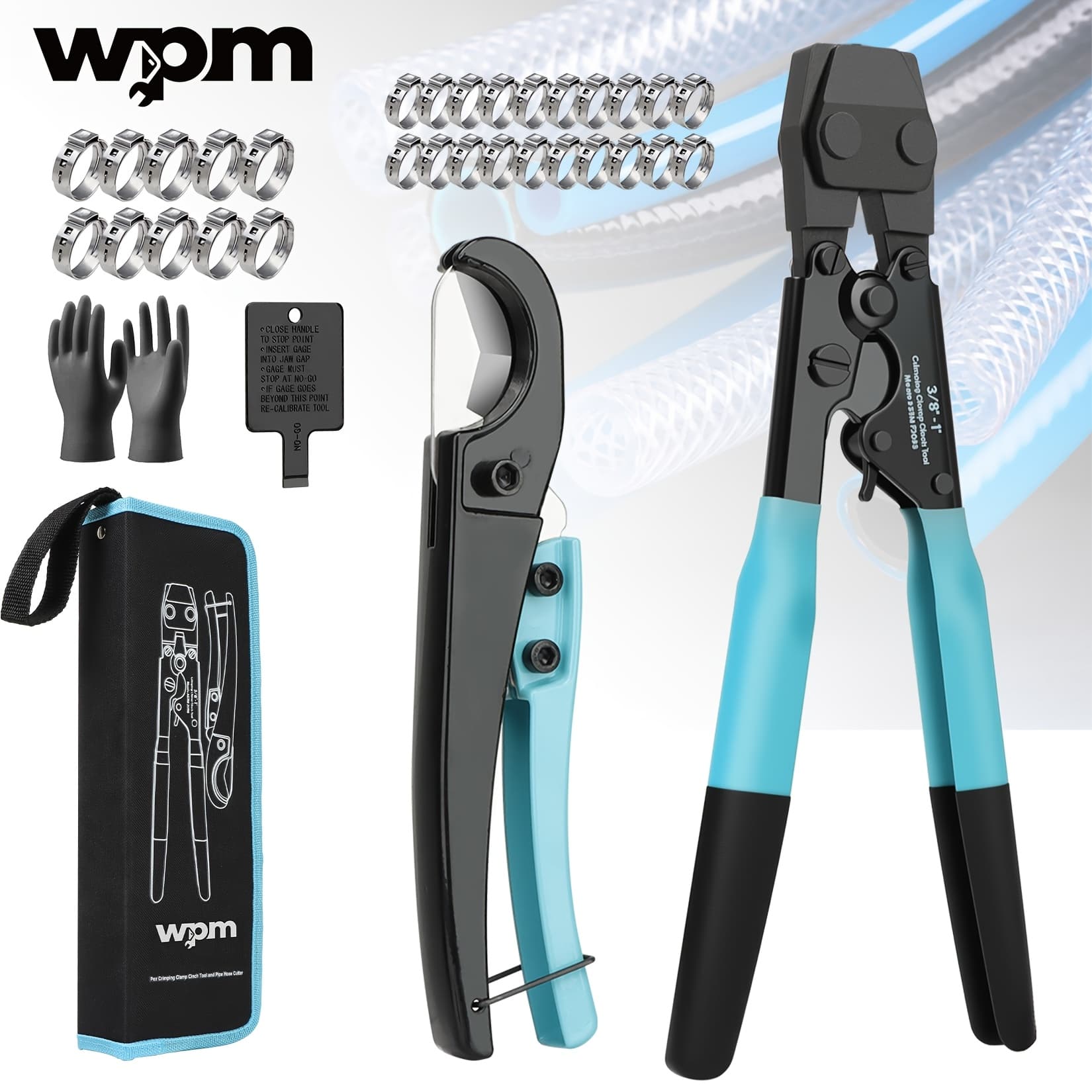 TEMU Wpm Ratchet Pex Cinch Tool With Removing Function For 3/8in, 1/2in, 3/4in, 1in Stainless Steel Clamp, Pex Crimper With 20pcs 1/2in, 10pcs 3/4in Pex Clamps And Pipe Cutter- All In 1