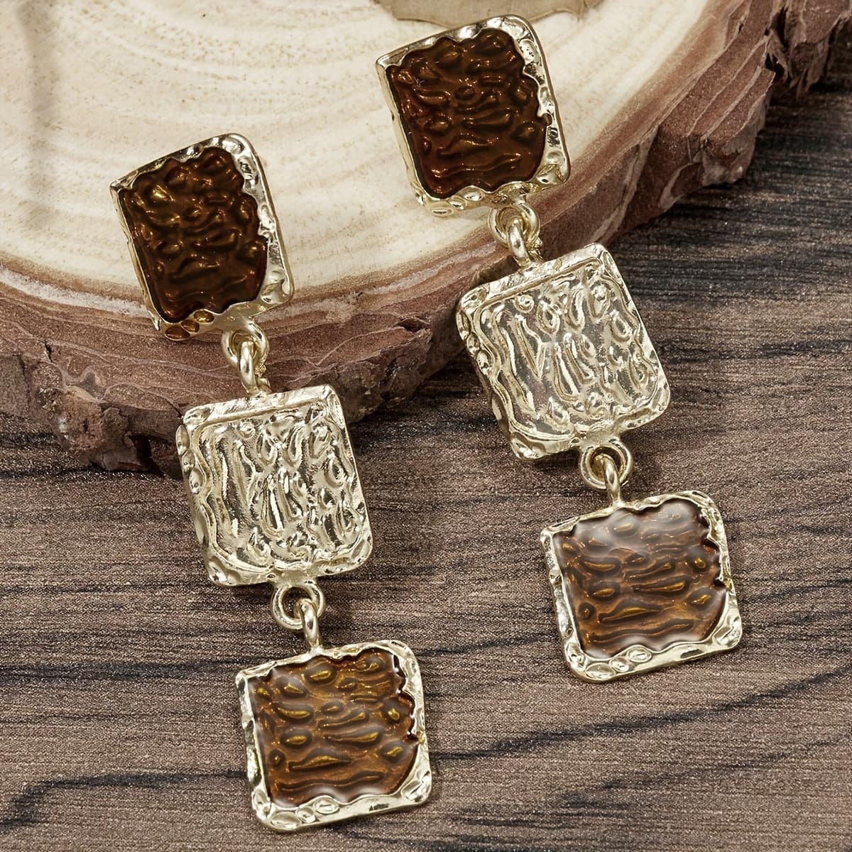 TEMU 1 Pair Of Fashionable Geometric Block Earrings In Golden-brown Caramel, Baroque Vintage Square Long Drop Earrings With Style Temperament, Coffee-brown Designer Earrings