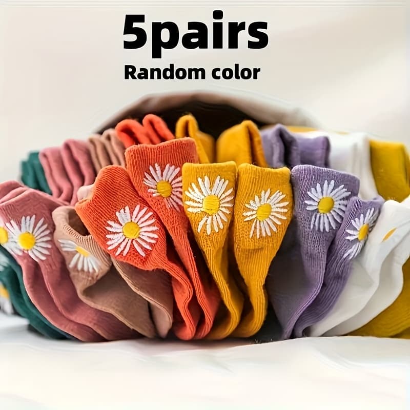 TEMU 10pcs/5 Pairs Random Color Women's Embroidered Lily Boat Socks - Soft, Comfortable, Elegant, Suitable For Daily Casual Wear, Multiple Colors Cute Socks, Spring
