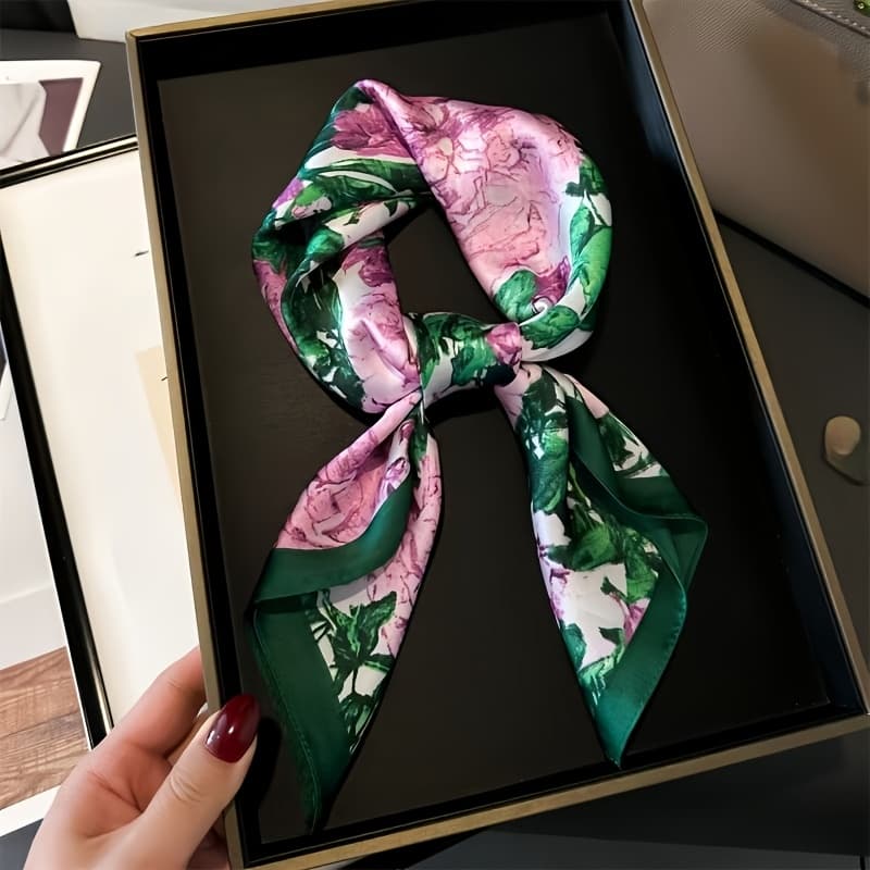 TEMU 1pc Women's New Printed Green Floral Decor -border Professional Neck Scarf Spring Autumn Small Scarf Neck Scarf Headscarf Headband Ideal For Dressing Up Your Style
