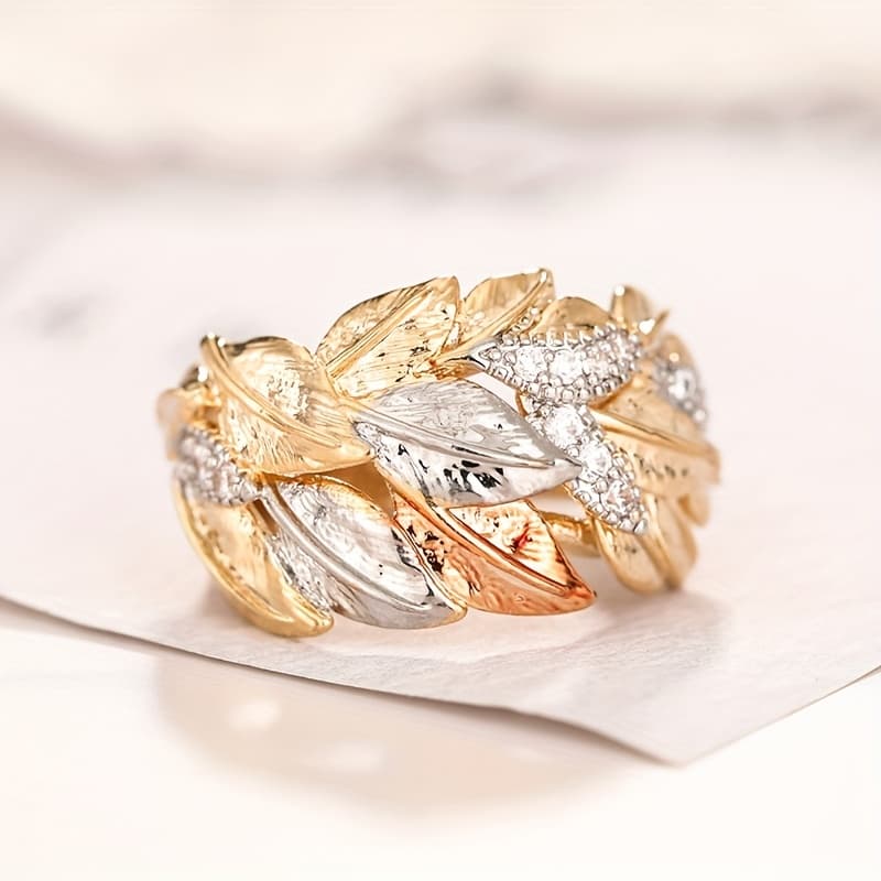 TEMU Fancy Colorful Branch Leaves Rings Exquisite Zirconia Wide Rings For Women Daily Banquet Rings Jewelry