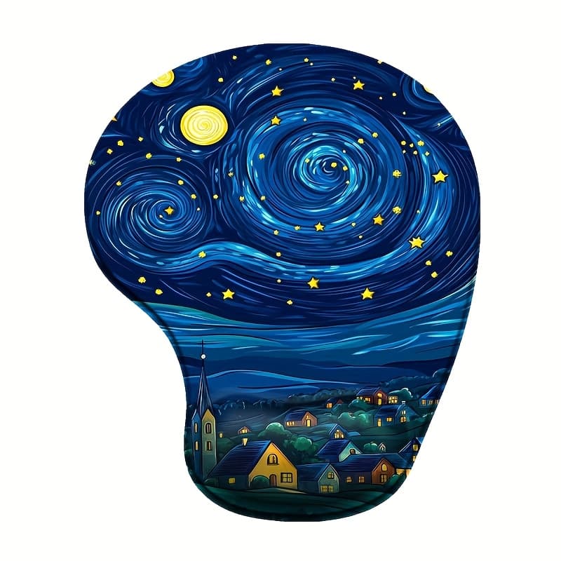 TEMU Silicone Wrist Support Mouse Pad In Starry Night Village Design (8.98x7.56 In) - Ergonomic, Non-slip Pu, Washable & Long-lasting, Perfect For Home, Office & Comfortable Areas,