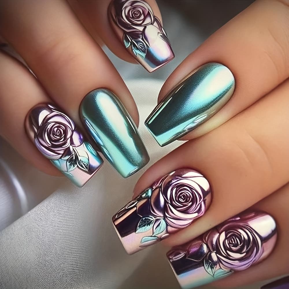 TEMU 24 Medium Ballet Fake Nails, Electroplated Rose Flower Wearing Nail Design, Glow Removable Fake Nail