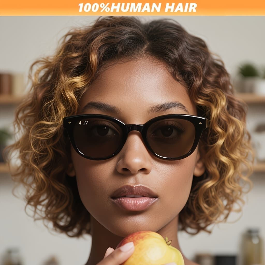 TEMU 4/27 Highlight Curly Wigs Short Bob Wig 100%human Hair Brazilian Water Wave Ombre Blonde Color 13x4 Full Lace Frontal Wig For Women
