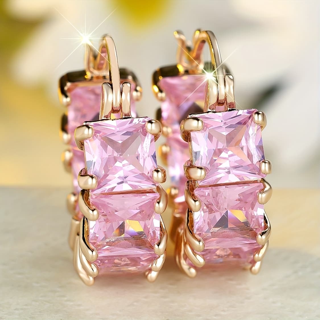 TEMU 1 Pair Delicate Pink Synthetic Synthetic Zirconia Gold Plated Women's Earrings - Luxurious Wedding Party Everyday Jewellery - Durable, Sparkling Accessory!