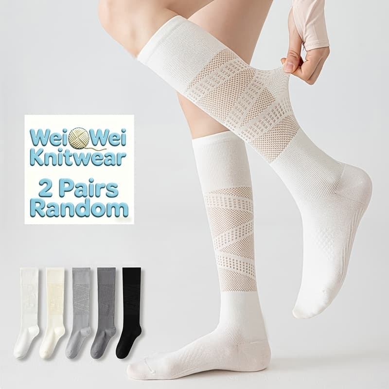 TEMU Random 2-pair Ultra-thin Micro-compression Calf Socks, Spring/summer Mesh Women's Socks For Running, Yoga, Fitness, Cycling, And Long Tube Socks