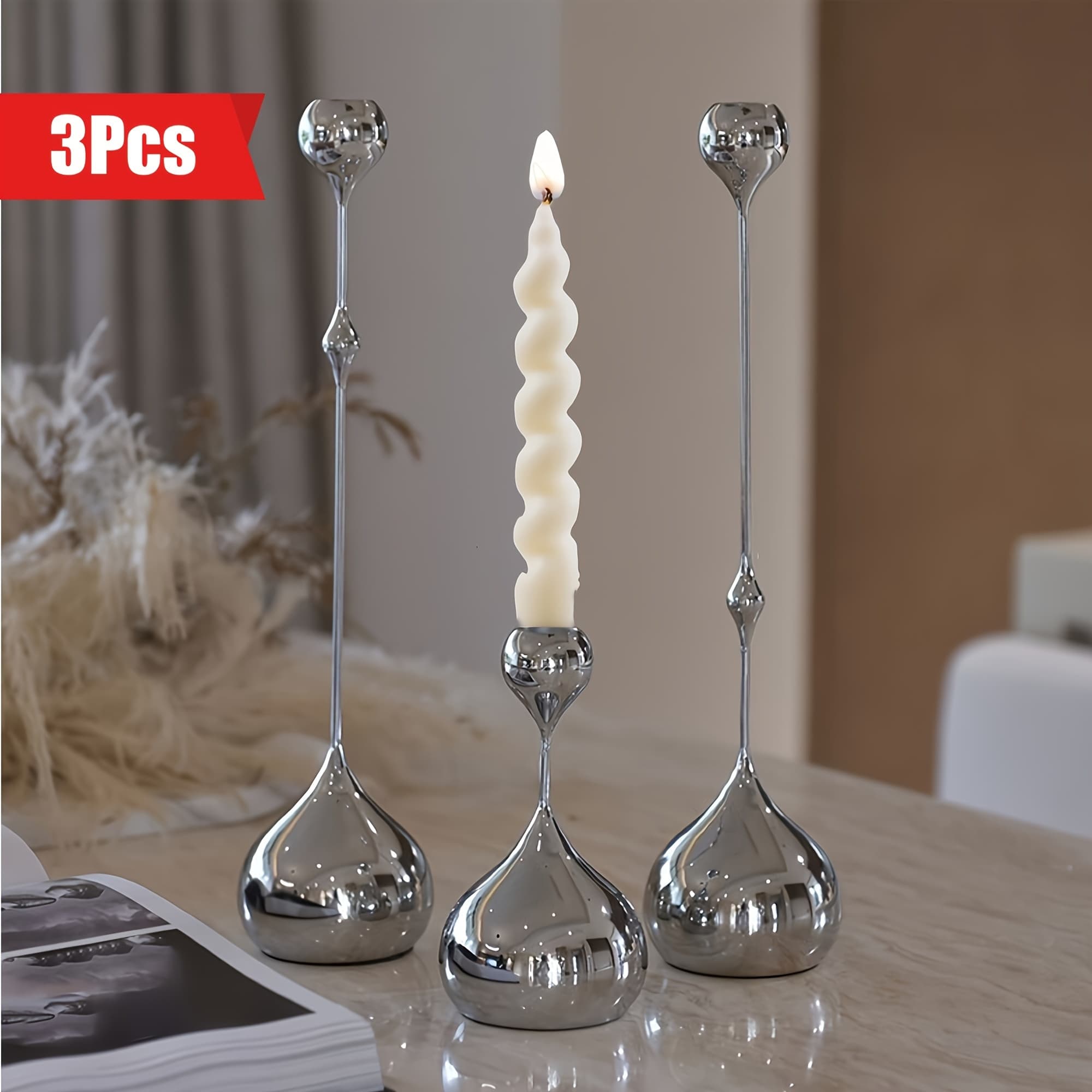 TEMU A Set Of 3 Silvery Metal Shimmering Teardrop Design Candlesticks, Light Decorative Candlesticks, Holiday Wedding Gift