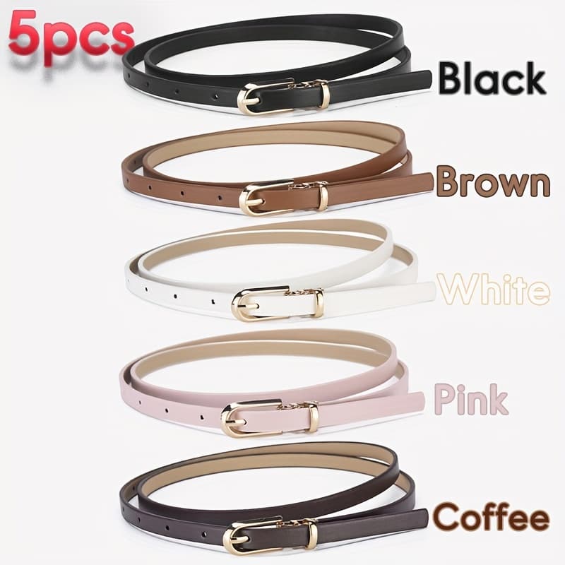 TEMU 5pcs Women's Fashion Thin Belts, 5 Colors, Stylish Adjustable Waist Belts | Versatile Belt Suitable For Dresses, Pants, And Jeans | Versatile Everyday Essential Accessory