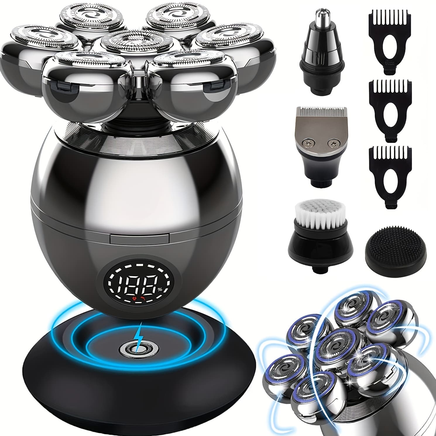 TEMU The Grooming Kit For Bald Men: Electric Head Shaver With Rotary Blades, Clippers, Nose Trimmer, Brush & Massager - Cordless & Rechargeable!