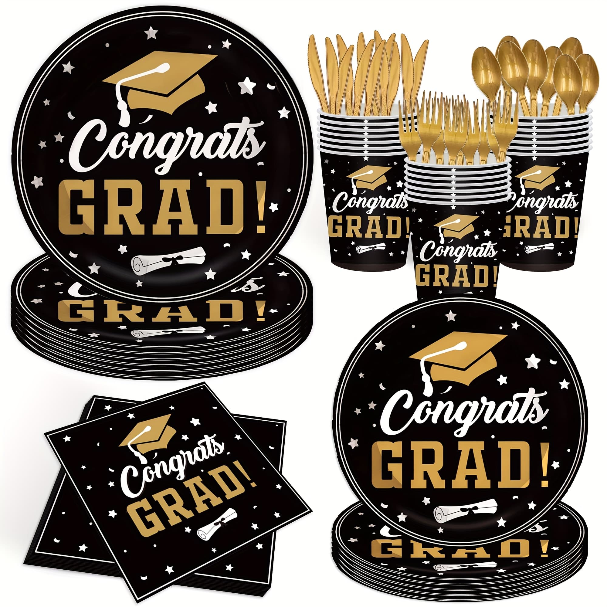 TEMU 140pcs, Graduation Party Supplies Tableware Set, Black And Golden Congrats Grad Dinner Plates And Napkins Graduation Party Decorations Tableware, Serve For 20