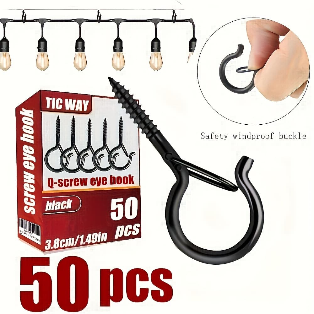 TEMU 50pcs Heavy-duty Metal Q-hooks With Safety Lock - Rust-resistant Screw Hooks For Plants, Lights & Bird Feeders - Versatile Indoor/outdoor Use, Wall Screws