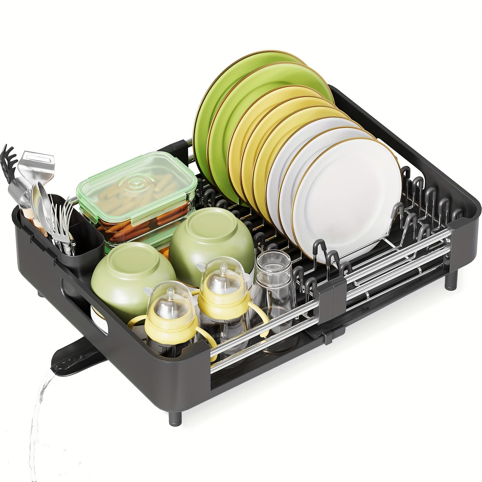 TEMU Kingrack Adjustable Dish Drying Rack For Kitchen, Extendable Dish Rack, Dual Part Dish Drainers With Non-scratch And Movable Cutlery Drainer And Drainage Spout