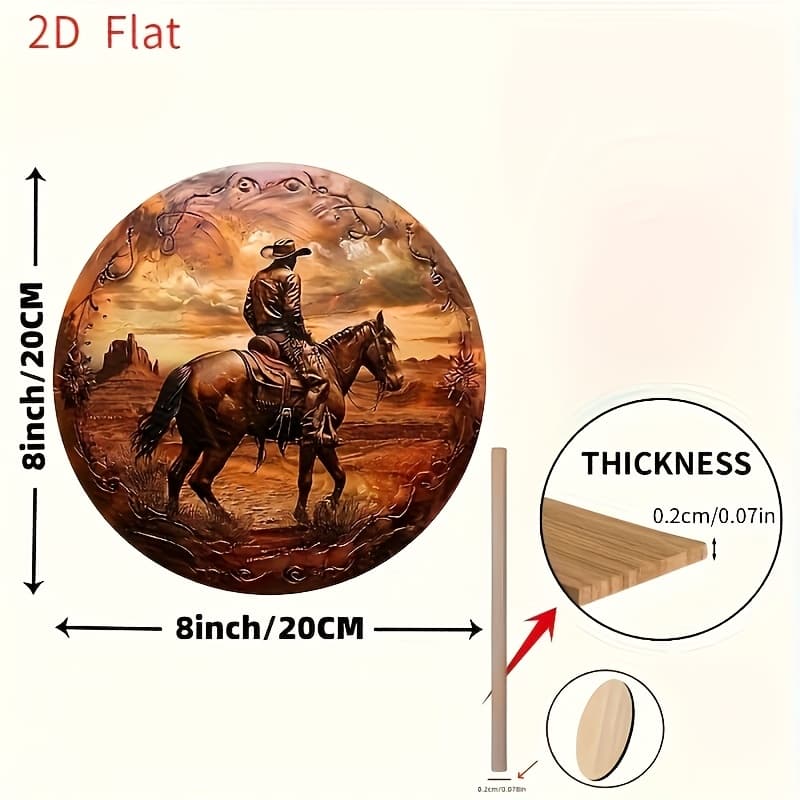 TEMU 2d Flat Round Wooden Western Cowboy Wall Art- Featuring High-quality Printing, Textured Surface, And Bohemian Style, Suitable For Home Or Outdoor Decoration