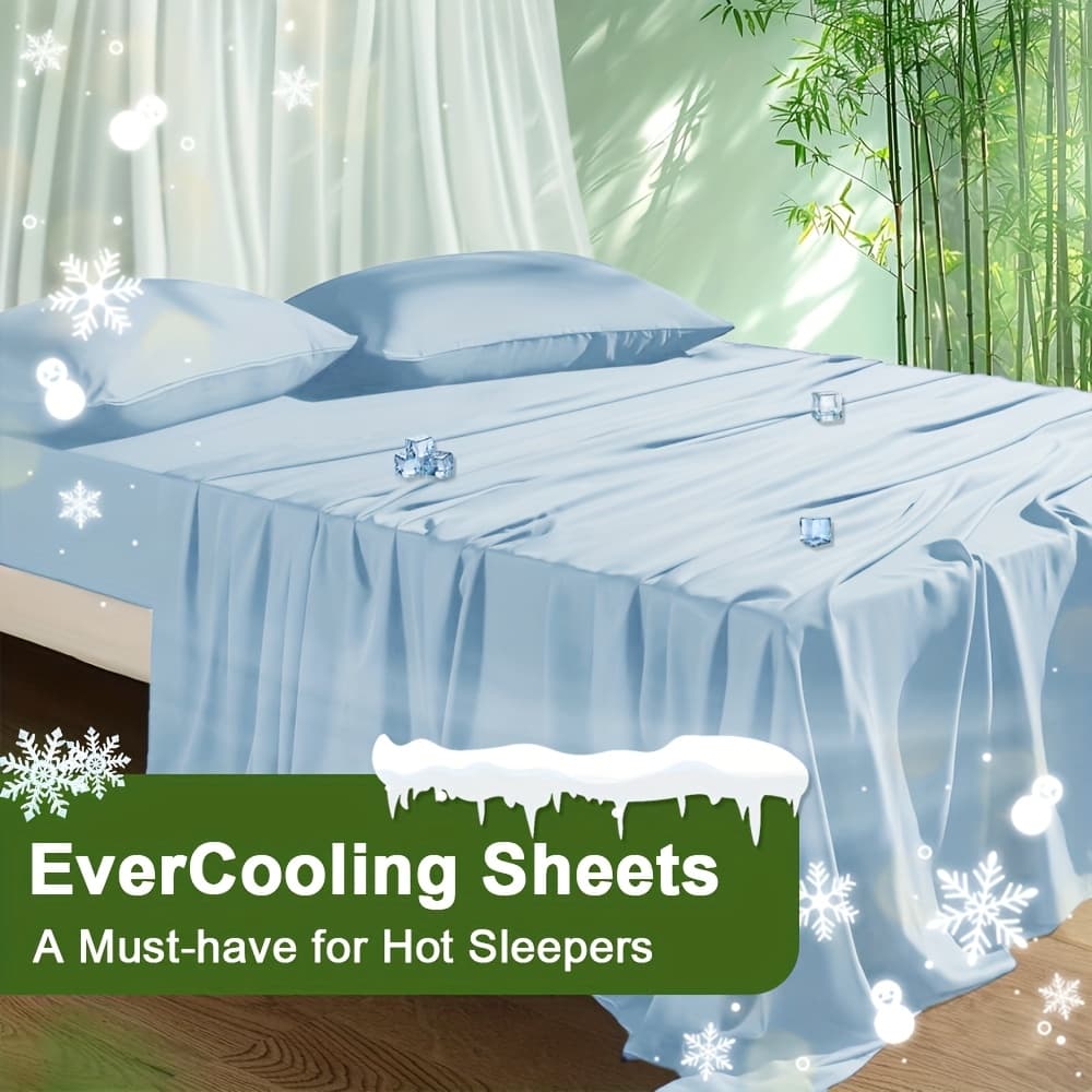 TEMU Set Of 4 Cooling Bed Sheets - Soft And Silky, Lightweight And , Includes Deep Pocket 16" Fitted Sheet, Flat Sheet, And 2 Pillowcases, Machine Washable And Ideal For Summer