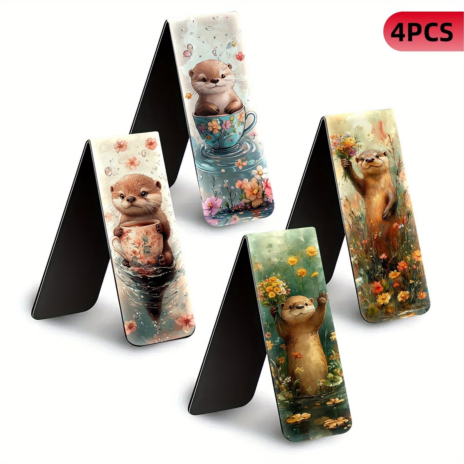 TEMU Set Of 4 Magnetic Bookmarks | Foldable Page Markers | Otter Design | Book Clips Ideal For Educators And | Perfect For Journals, Planners, Office Use, And As Gifts For Stationery Enthusiasts
