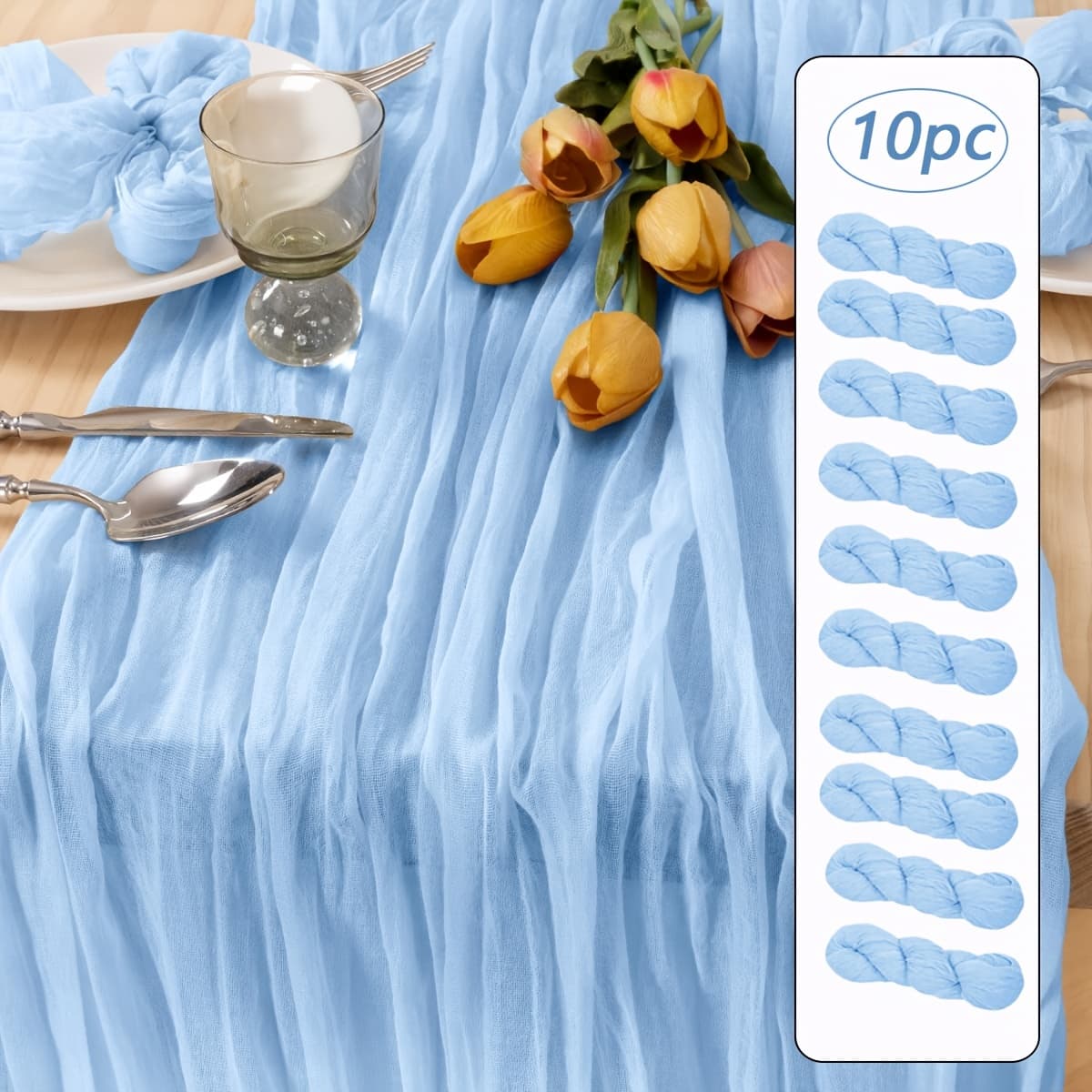 TEMU 10pcs Cheesecloth Table Runners Bohemian Gauze Fabric Tablecloths Country Sheer Table Runners For Wedding Birthday Baby Shower Party Bohemian Table Decoration (light Blue)