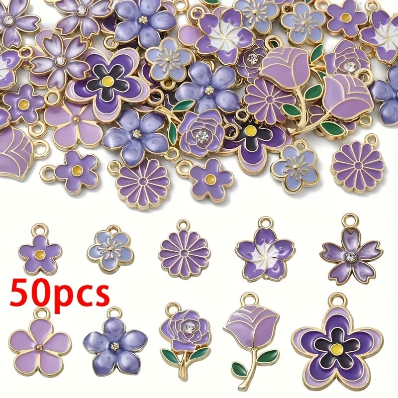 TEMU 30/50pcs Elegant Enamel Talisman Set, Alloy Stars, Flowers, Diy Bracelets, Necklaces, Jewelry Making Accessories Pendants, Alloy, Elegant Theme