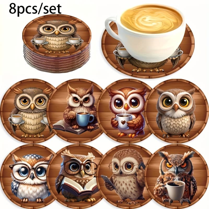 TEMU 8pcs Coasters - & Non-slip Drink Mats Suitable For Christmas Gifts, Cute Owl-shaped Table Protectors, Coffee Shop & Party - Wood Coaster Set (hand Washable)