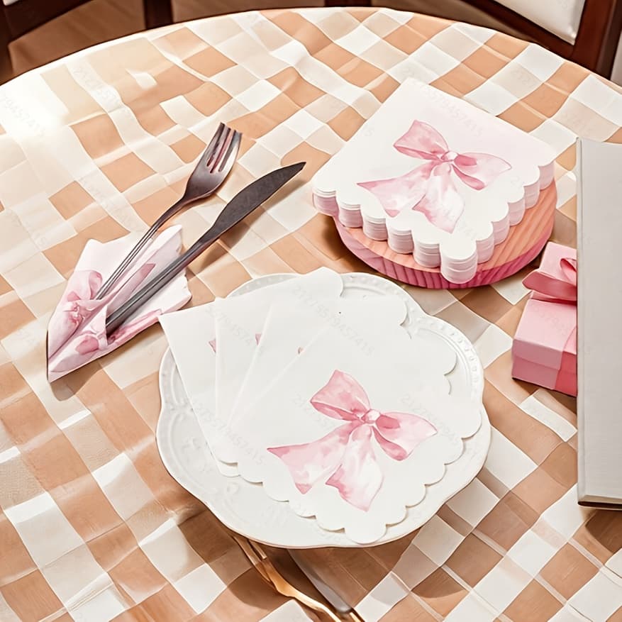 TEMU 20pcs, Pink Bow Shaped Napkin, Cute Party Supplies, White Pink Disposable Tissue, Suitable For Bachelorette, Bridal Wedding, Bow-themed Party Decoration, Scalloped Edge Napkin Party Gifts