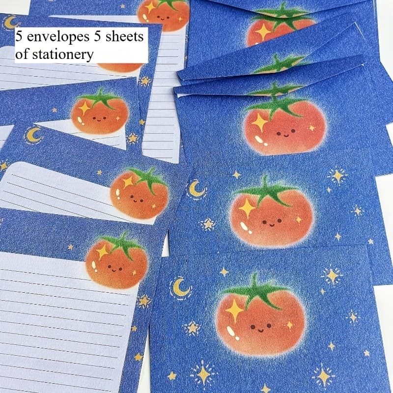 TEMU A Set Of 5 Envelopes And 5 Sheets Of Letter Paper, "i Am A Tomato" Themed Envelope Set, Message, High Aesthetic With Polka Dot Stickers, Creative Envelopes