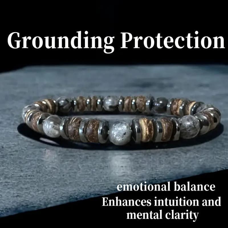 TEMU Natural Labradorite Bracelet, Grounding Protection, Featuring 8mm Black Labradorite And Hematite Hand- Beads, And , Vintage Jewelry Accessory, Suitable For Daily Wear, Vacation And Gifting