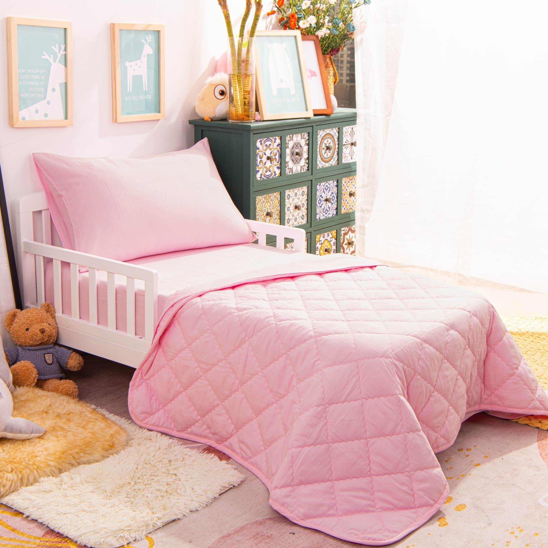 TEMU 4pcs Soft And Breathable Solid Color Toddler Bedding Set, Comforter Set With Fitted Sheet, Flat Top Sheet, Down Alternative Comforter, Pillowcase, Hypoallergenic,